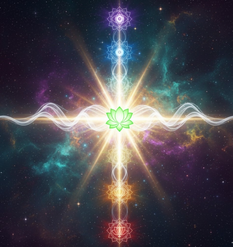 Image without text. Image is of the chakra system and gold and white healing light going through the heart chakra.