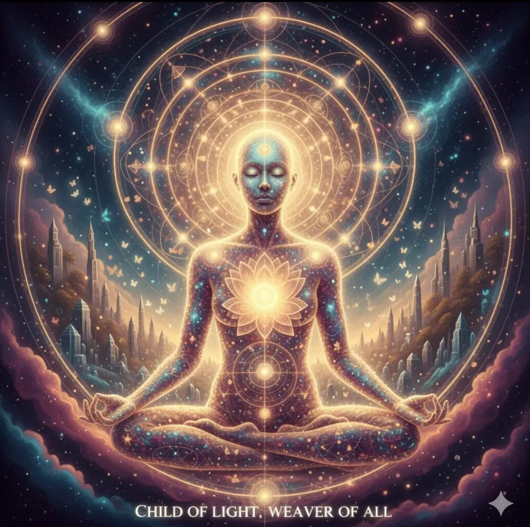 Image with text and adjacent text. Image of a human being in an interdimensional state, connected to the universal structure.