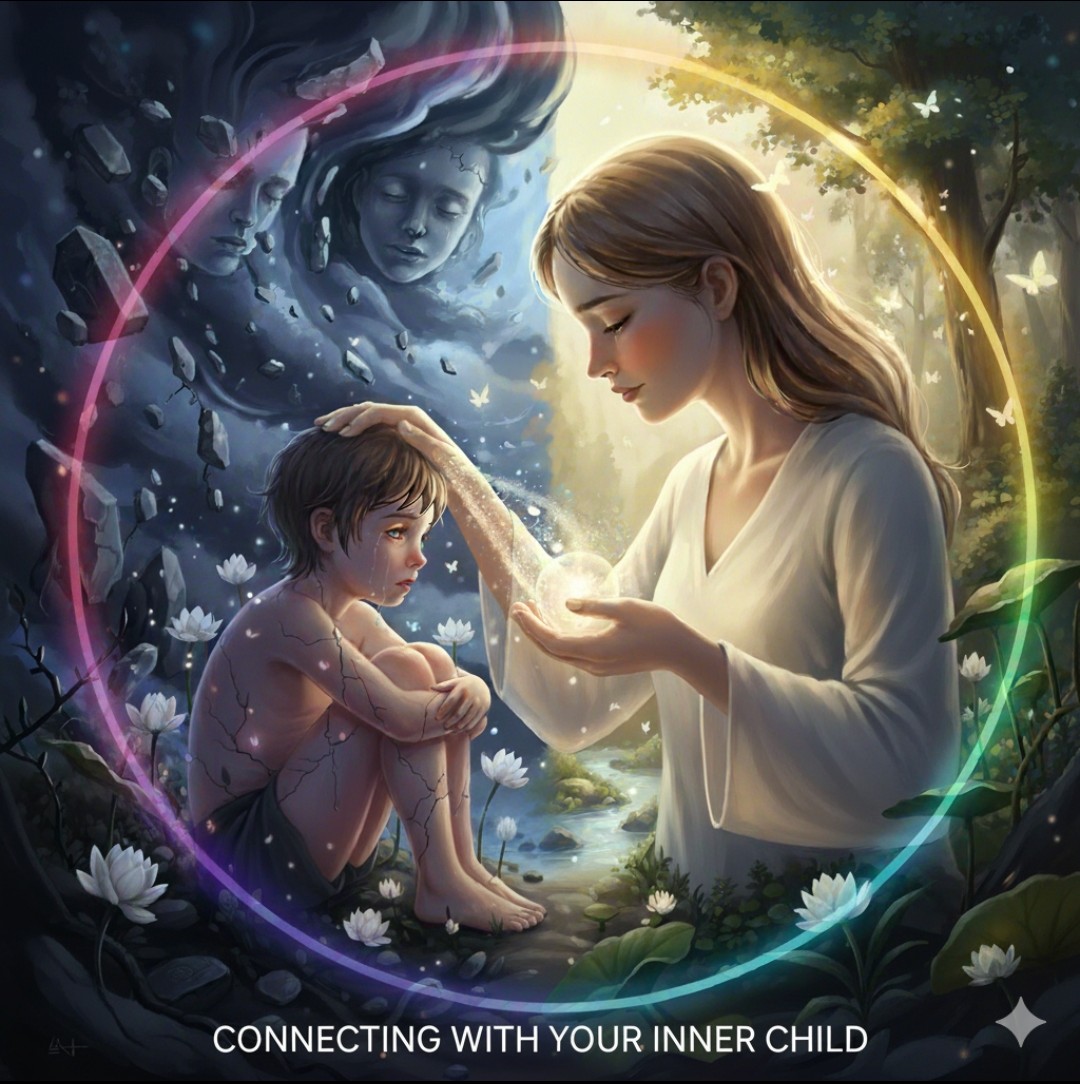 Image with text and adjacent text. Woman putting her hand on child's head while holding light in her other hand; The woman is connecting to her inner child to begin healing.