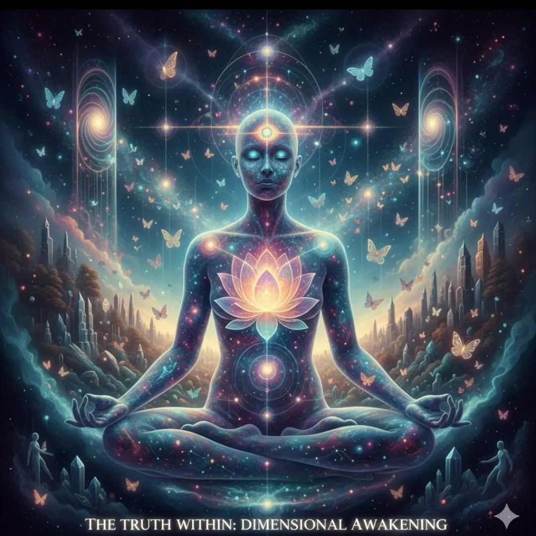 Image with text and adjacent text. Image of a human being in an interdimensional state, connected to the universal structure.