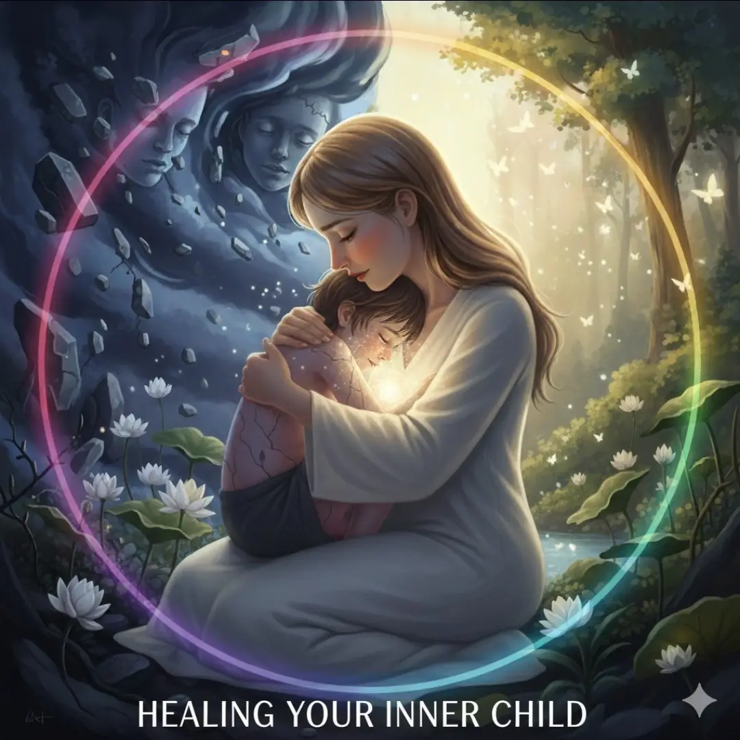 Image with text and adjacent text. Image of woman embracing her inner child as the light of their soul is between them. Woman has healed her inner child.