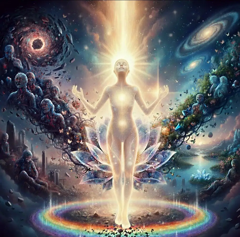 Image with adjacent text. Image is of present and past lives with the soul in the middle of the two. The soul has divine light shining down into the head and body of the soul as the soul is being healed from the present and past lives.
