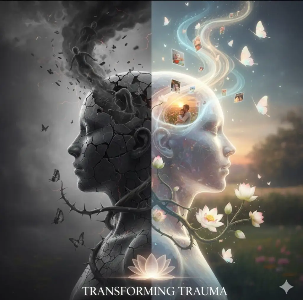 Image without text. Image of two heads back to back, one with shadow escaping from it and the other head has spiritual growth flowing from it.