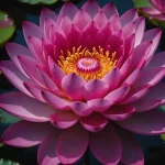 A beautiful fully bloomed bright pink lotus flower on a pond.