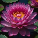 A beautiful fully bloomed bright pink lotus flower on a pond.